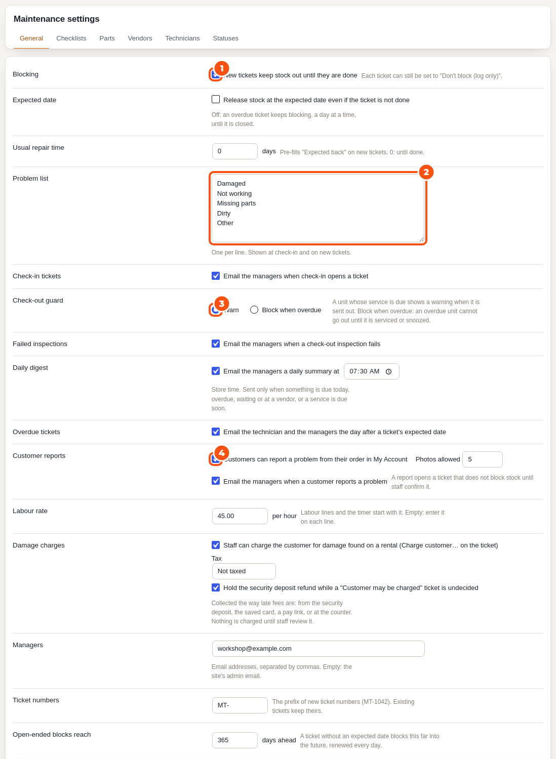 The Maintenance settings screen: Blocking, Expected date, Usual repair time, Problem list, Check-in tickets, Check-out guard, Failed inspections, Daily digest, Overdue tickets, Customer reports, Labour rate, Damage charges, Managers, Ticket numbers and Open-ended blocks reach