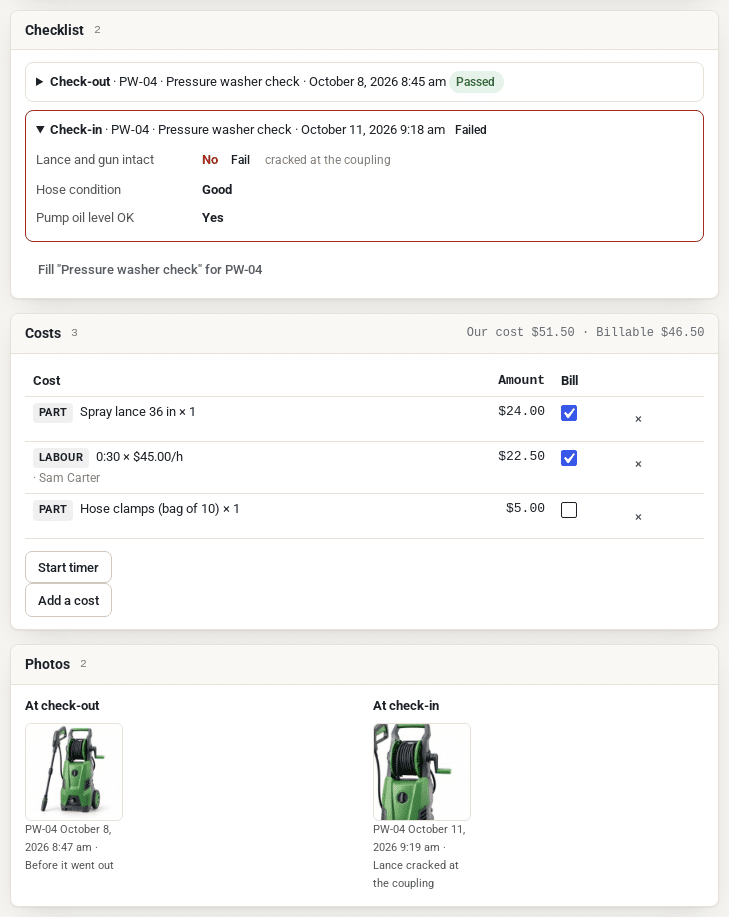 A pressure washer ticket with the check-in checklist failed on Lance and gun intact, its costs, and the unit’s photos at check-out and at check-in side by side