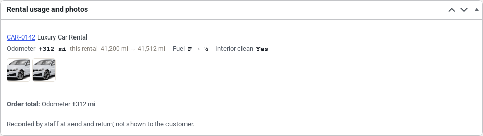 Rental usage and photos box on a WooCommerce order showing CAR-0142 odometer plus 312 mi this rental 41,200 mi to 41,512 mi, fuel F to half, interior clean Yes and two photo thumbnails