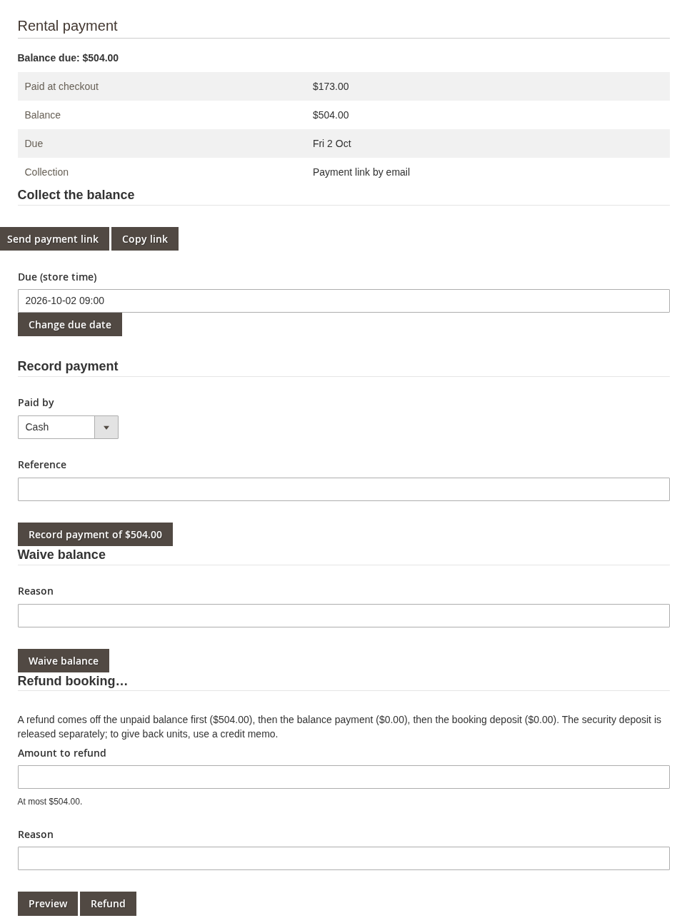 The Rental payment panel on an order showing the paid deposit, the balance of 504 dollars and its due date, how it is collected, and the buttons Send payment link, Record payment, Waive balance and Refund booking