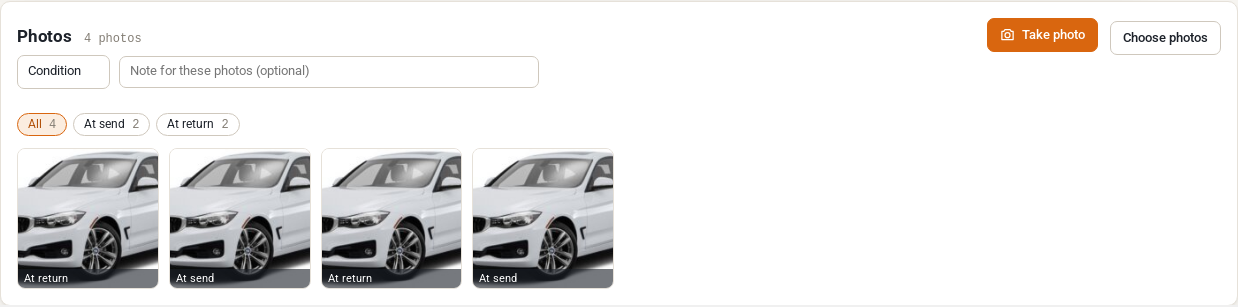 Photos card on a serial page with four photos of a car labelled At return and At send and buttons Take photo and Choose photos