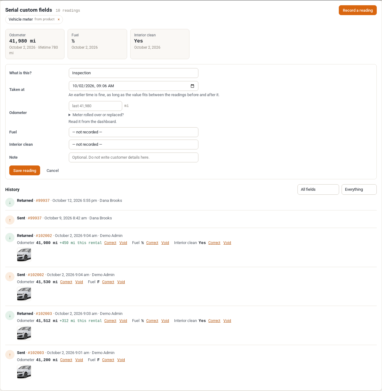 Serial page for a luxury car rental with current values for odometer, fuel and interior clean, a Record a reading form and a history of sends and returns with readings, usage per rental and photos