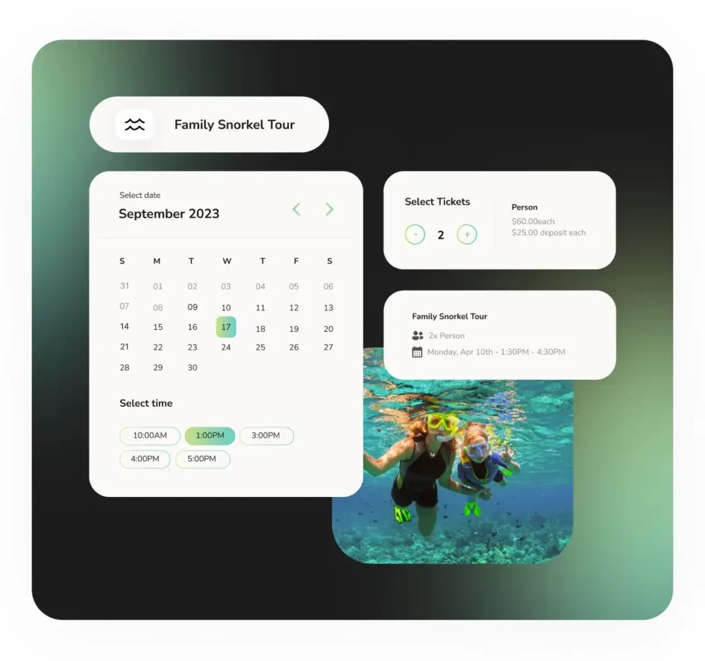 Peek Pro booking flow for a family snorkel tour: a date calendar, start times and a ticket picker priced per person with a deposit