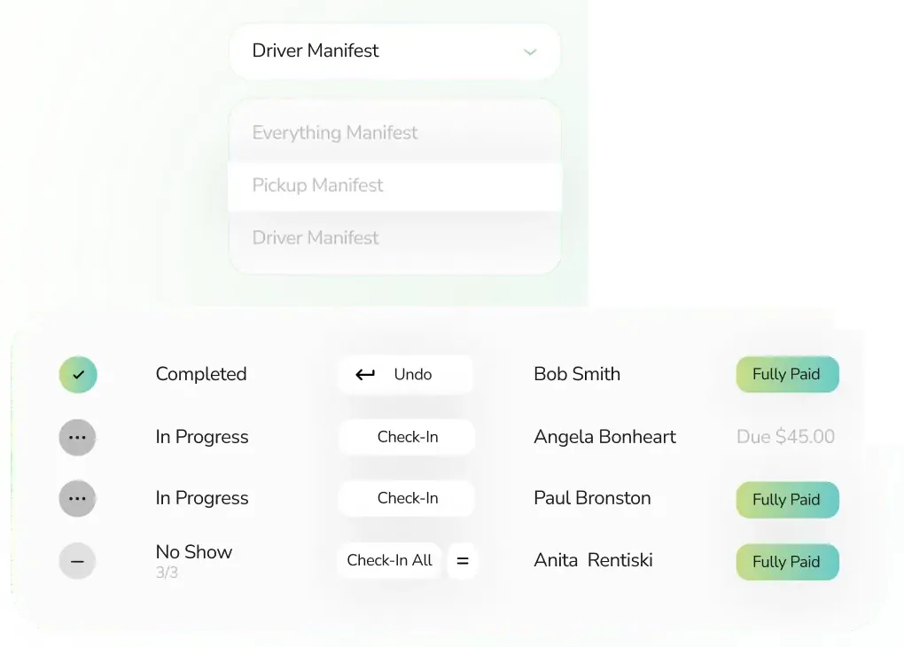 Peek Pro driver manifest with check-in, undo and check-in-all buttons and each guest’s payment status; a menu offers everything, pickup and driver manifests