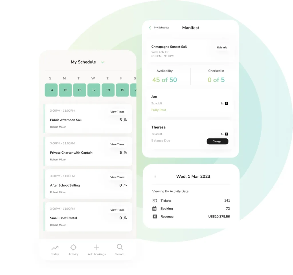 Peek Pro app: My Schedule with each time slot, the guests booked and the guide, beside a sunset sail manifest showing 45 of 50 available and check-ins