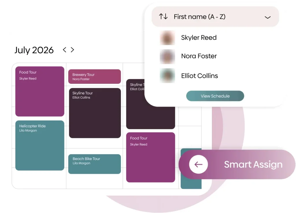Peek Pro calendar of tours for July 2026 with the guide on each, a list of guides and a Smart Assign button