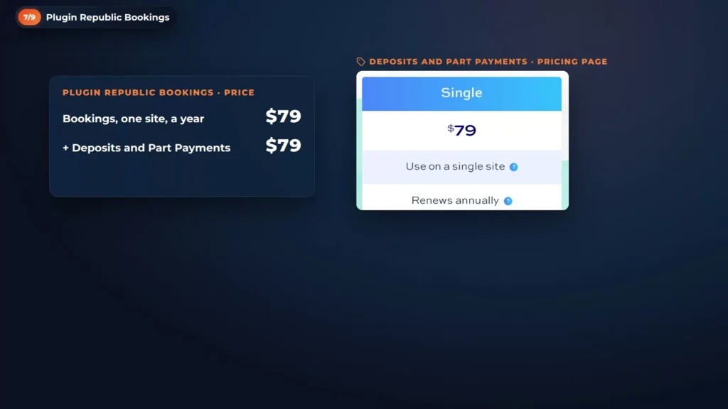 Plugin Republic Bookings price card: a year for one site, plus Deposits and Part Payments