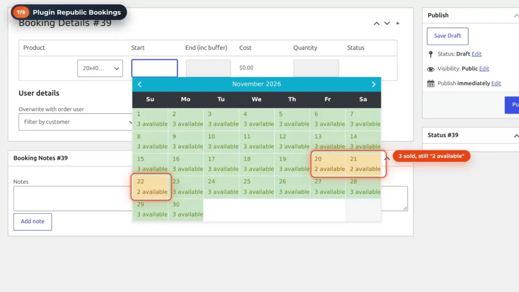 Plugin Republic booking calendar still showing 2 available on Fri 20 to Sun 22 November after three tents were sold