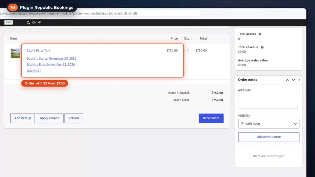 WooCommerce order for the Plugin Republic booking still showing 20 to 22 November and 0 after the booking was edited