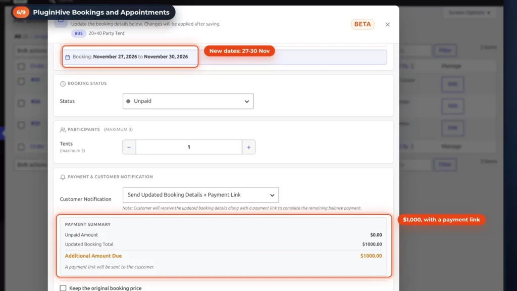 PluginHive Modify Booking dialog, marked beta, with new dates 27 to 30 November and ,000 due, sent with a payment link
