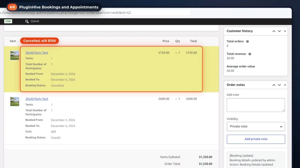 WooCommerce order with the cancelled 20x40 party tent line still at 0 next to a new 20x30 tent booking at 0