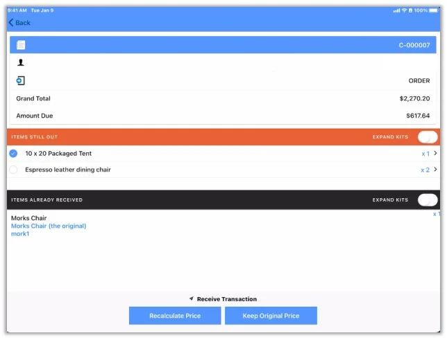 Receiving a sample contract in the Essentials mobile app, with items still out, items already received, and Recalculate Price and Keep Original Price buttons