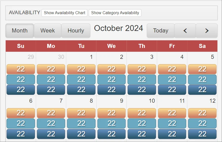 A Point of Rental Essentials availability calendar for one item in October 2024, with Month, Week and Hourly buttons and three availability counts on each day
