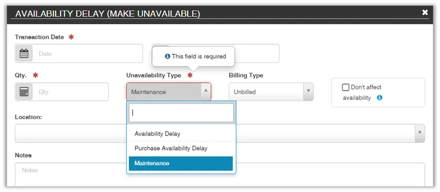 The Essentials Make Unavailable dialog with the unavailability type set to Maintenance, a billing type and a Don't affect availability option
