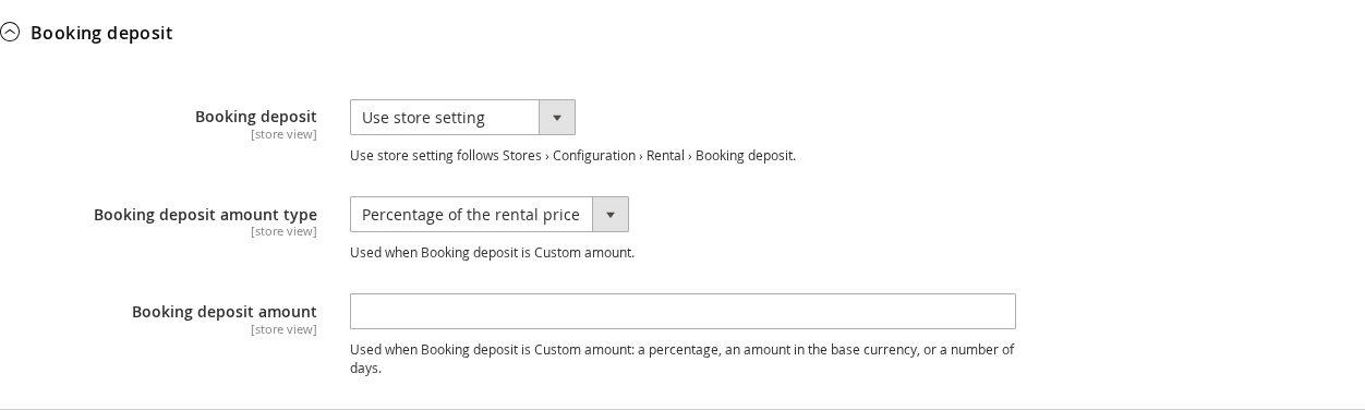 The Booking deposit section of a product with Booking deposit set to Use store setting, an amount type list and an amount field