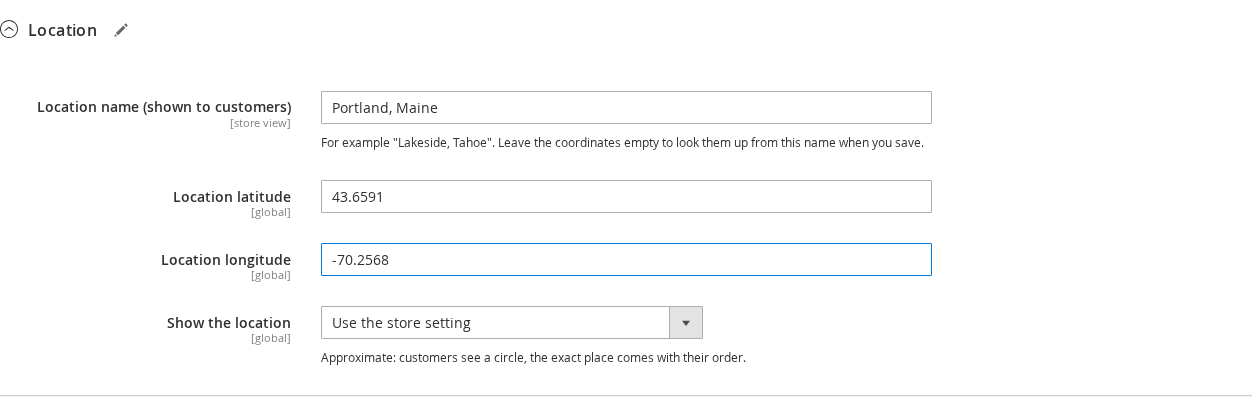The Location section of a product with Location name Portland Maine, latitude and longitude fields and a Show the location list set to Use the store setting
