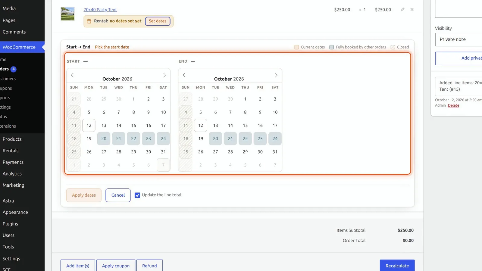 WooCommerce Add order screen with the Rentals & Bookings Lite Set dates editor open: two calendars with the sold-out days struck through
