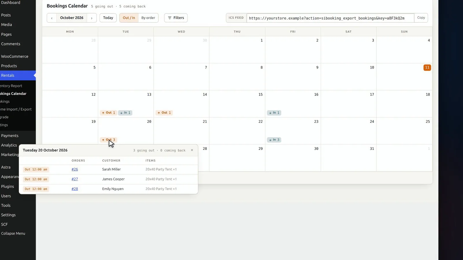 Rentals & Bookings Lite Bookings Calendar in the WordPress admin, with a day clicked to show the three customers taking the tent out