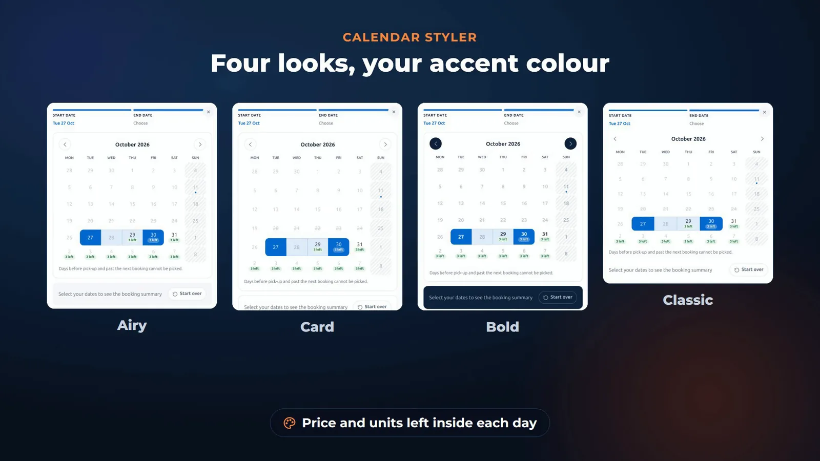 Rentals & Bookings Lite Calendar Styler showing four date picker looks: Airy, Card, Bold and Classic, with units left inside each day
