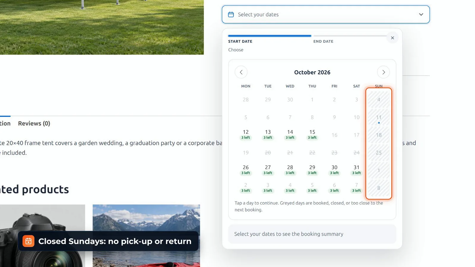 Rentals & Bookings Lite date picker with every Sunday hatched as a closed day