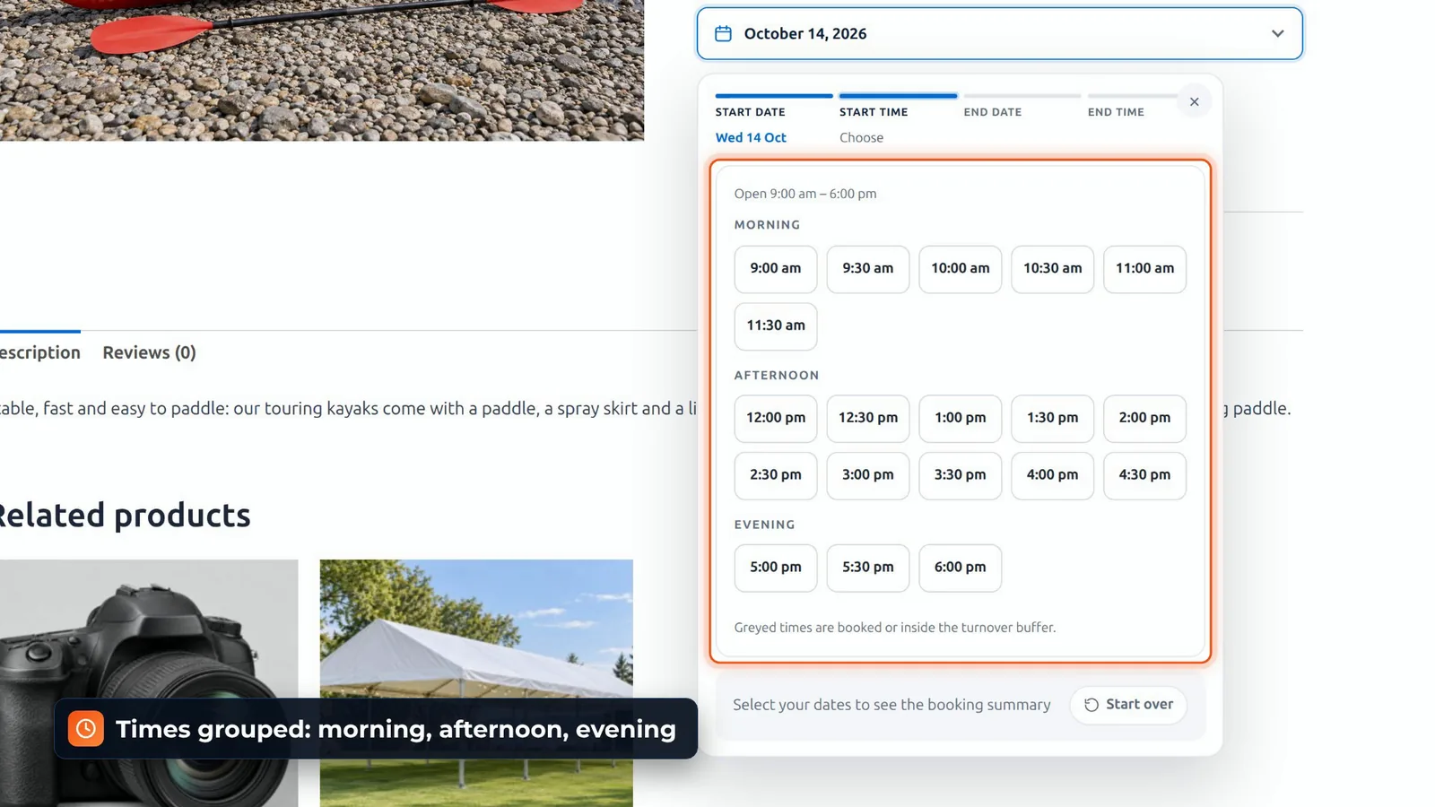 Rentals & Bookings Lite hourly booking for the touring kayak: pick-up times grouped into morning, afternoon and evening