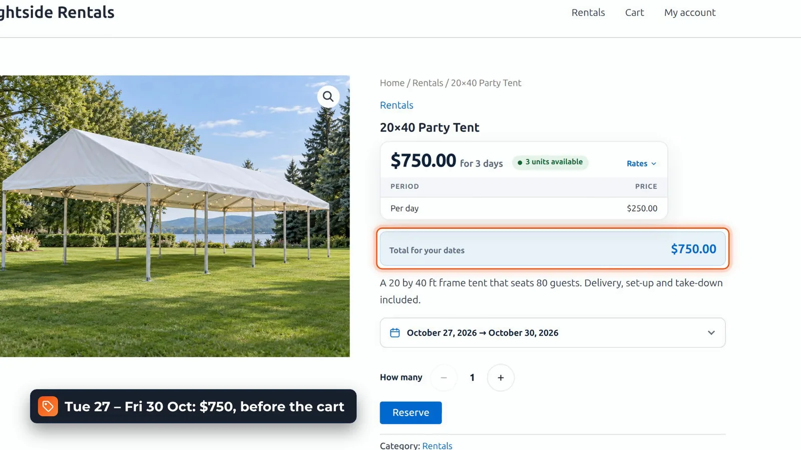 Rentals & Bookings Lite product page for the 20x40 party tent showing 0.00 for 3 days, Tuesday 27 to Friday 30 October, before the cart