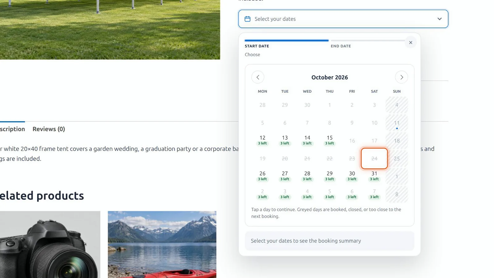 Rentals & Bookings Lite date picker with 20 to 23 October struck through after three bookings, and 24 October struck through for the one-day turnaround