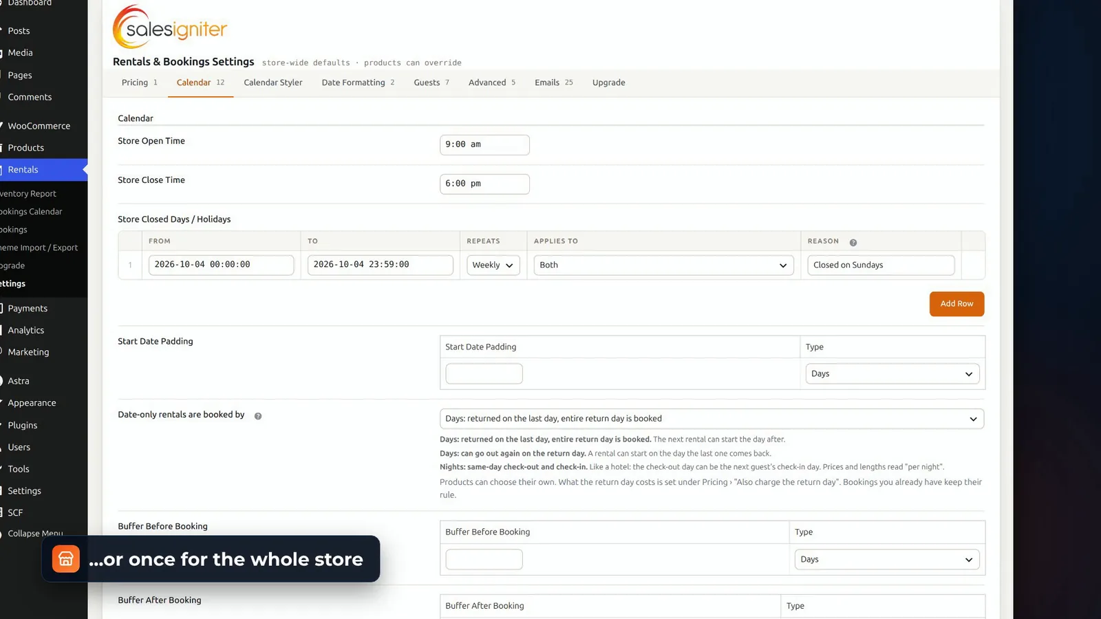 Rentals & Bookings Lite store settings with opening hours, closed days and holidays, buffer before and after a booking, and how date-only rentals are booked