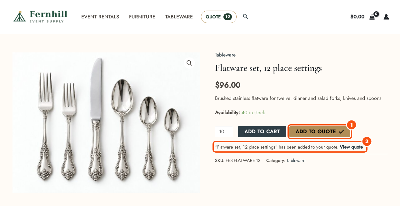 A flatware product page after clicking Add to quote: the button shows a tick, a message says the flatware set has been added to your quote with a View quote link, and the Quote link in the menu shows 10