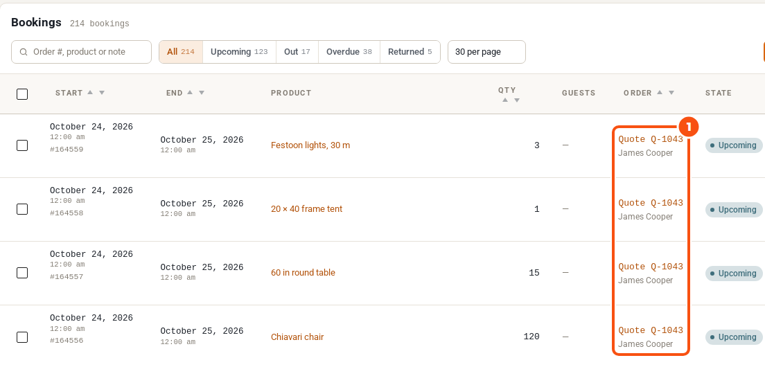 The Bookings list with four upcoming bookings for 24 to 25 October 2026, festoon lights, a frame tent, round tables and Chiavari chairs, each with Quote Q-1043 and James Cooper in the Order column