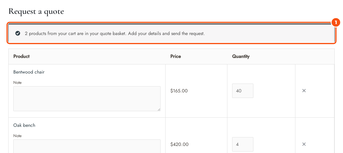 The Request a quote page after quoting the cart, with the notice 2 products from your cart are in your quote basket, and the chair and bench listed with their prices and quantities