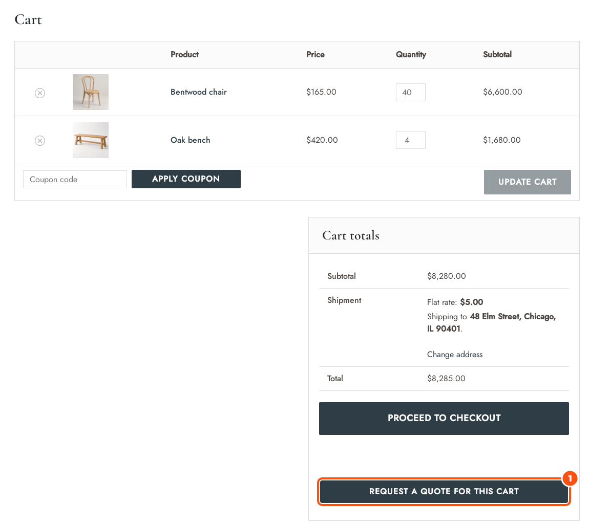 The cart page with a bentwood chair and an oak bench, cart totals, Proceed to checkout and a Request a quote for this cart button underneath