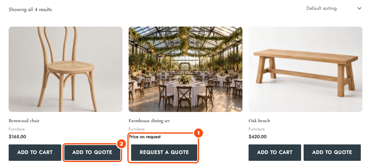 A Furniture category page with a bentwood chair showing its price, Add to Cart and Add to quote, a farmhouse dining set showing Price on request and a Request a quote button, and an oak bench with its price