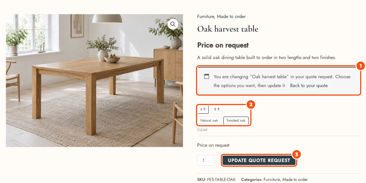 The oak harvest table product page opened from the basket, with a notice that you are changing Oak harvest table in your quote request, the length and finish choices, and an Update quote request button
