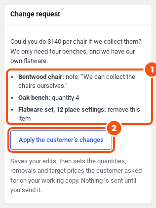 The Change request panel with the customer's message and their asks: a note on the bentwood chairs, four oak benches, and removing the flatware set, above the Apply the customer’s changes button