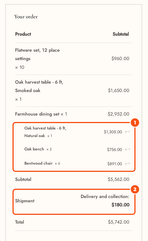 The Your order box at checkout with a flatware set, an oak harvest table and a farmhouse dining set whose three items are listed below it with their share of the price, the subtotal and the Delivery and collection shipping line of 180.00