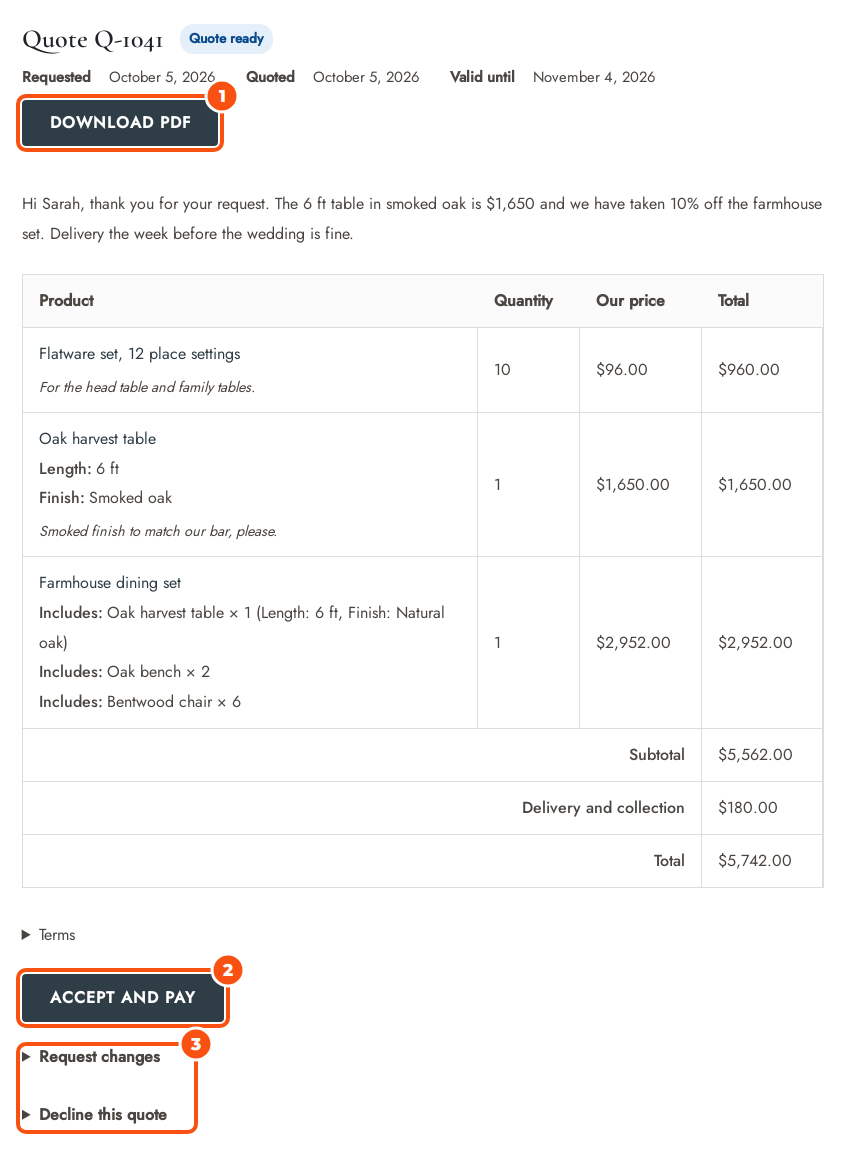 Quote Q-1041 with the status Quote ready: the dates, a Download PDF button, the store's message, the items with their quantities and Our price, the totals, Terms, an Accept and pay button and the Request changes and Decline this quote options