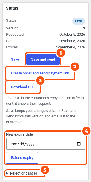 The Status box of a sent quote, version 3, with Save, Save and send, Create order and send payment link, Download PDF, a New expiry date field with Extend expiry, and Reject or cancel