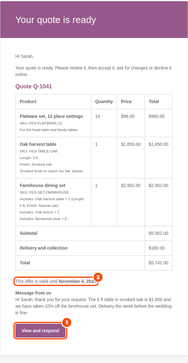 The Quote ready email to Sarah for quote Q-1041 with the items, quantities and prices, the delivery fee, the total, the date the offer is valid until, a message from the store and a View and respond button