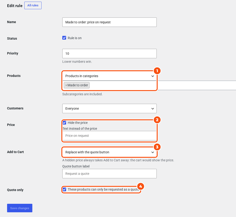 The Edit rule screen for a rule called Made to order: price on request, with Products in categories set to Made to order, Hide the price ticked, Add to Cart set to Replace with the quote button and Quote only ticked