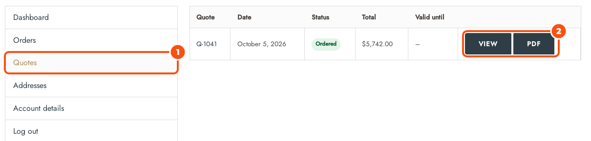 My Account with the Quotes menu item selected and one quote, Q-1041, ordered, with View and PDF buttons