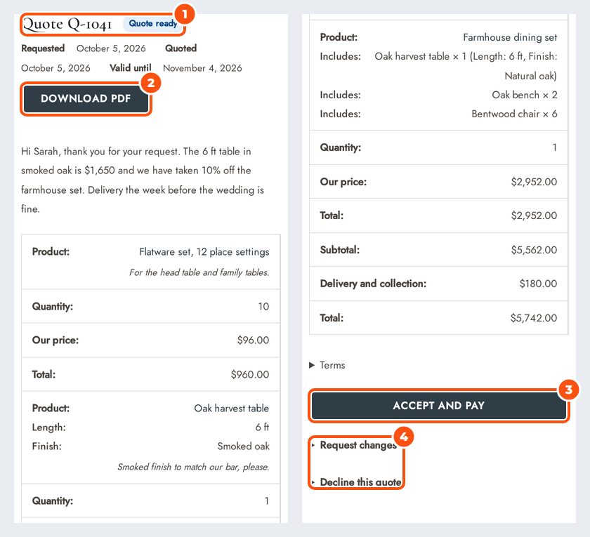 Two phone screens of the same quote: the top with the quote number, status, dates, Download PDF and the store's message, and the bottom with the totals, Terms, Accept and pay, Request changes and Decline this quote