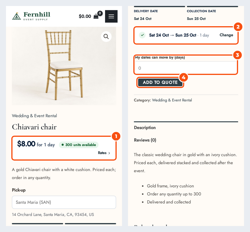 Two phone screens of the Chiavari chair: the price card with 300 units available, and further down the chosen dates, the flexible dates field and the Add to quote button