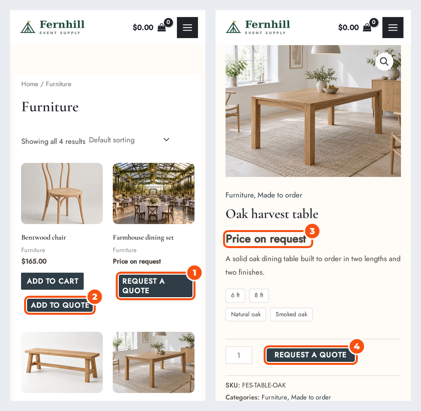 Two phone screens: the Furniture category with Request a quote on the dining set and Add to quote on the chair, and the oak harvest table page with Price on request and a Request a quote button