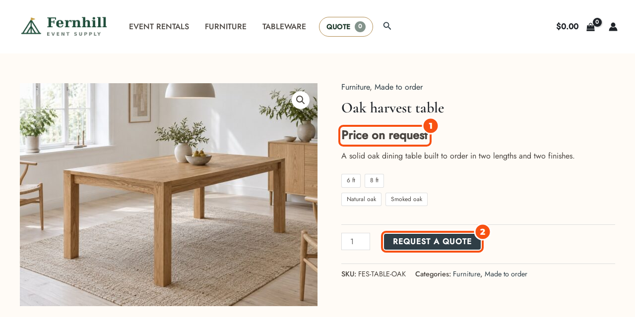 A product page for an oak harvest table where the price reads Price on request and a Request a quote button replaces Add to Cart