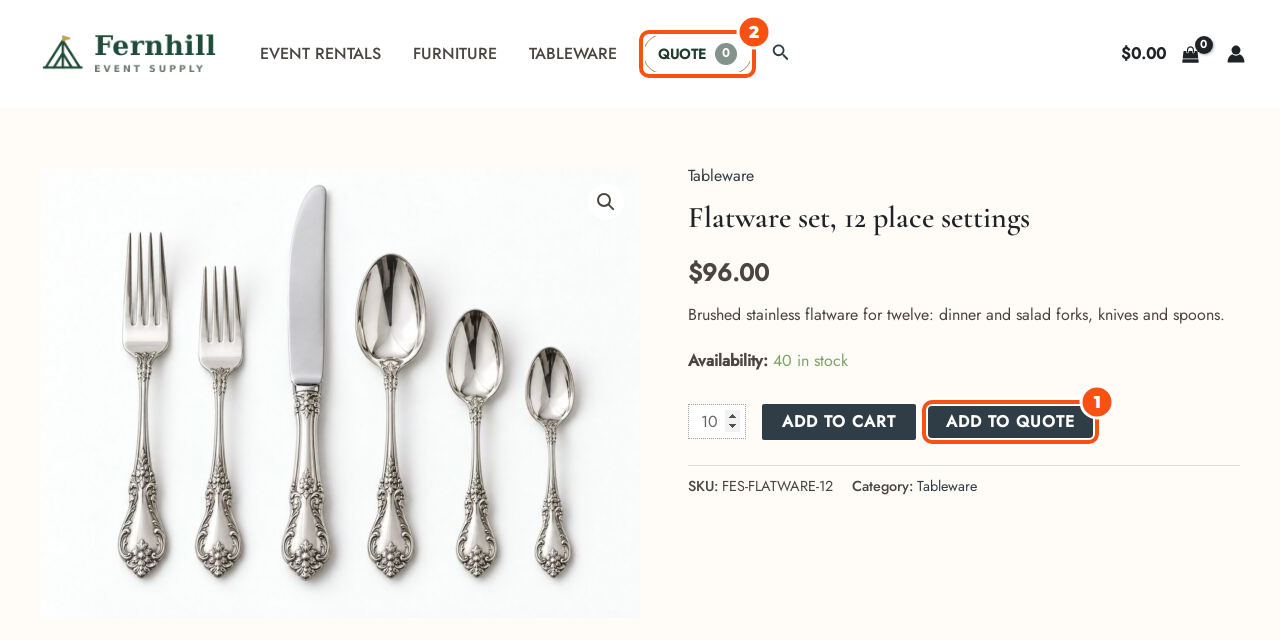 A product page for a flatware set showing the price, quantity 10, an Add to Cart button and an Add to quote button beside it, and a Quote link in the menu with a count of 0