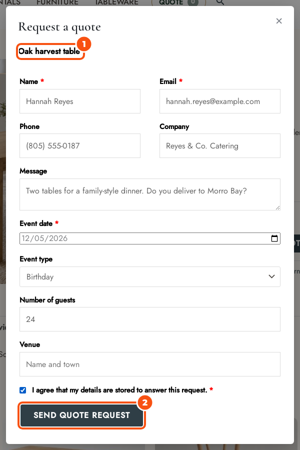 The quick quote form open over a product page, titled Request a quote, for the oak harvest table, with name, email, phone, company, message, event date, event type, number of guests and venue, a consent checkbox and a Send quote request button