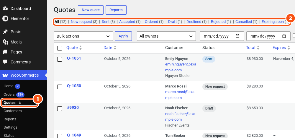 The WordPress admin menu with Quotes under WooCommerce Orders and a bubble showing 3, next to the quotes list with its status links