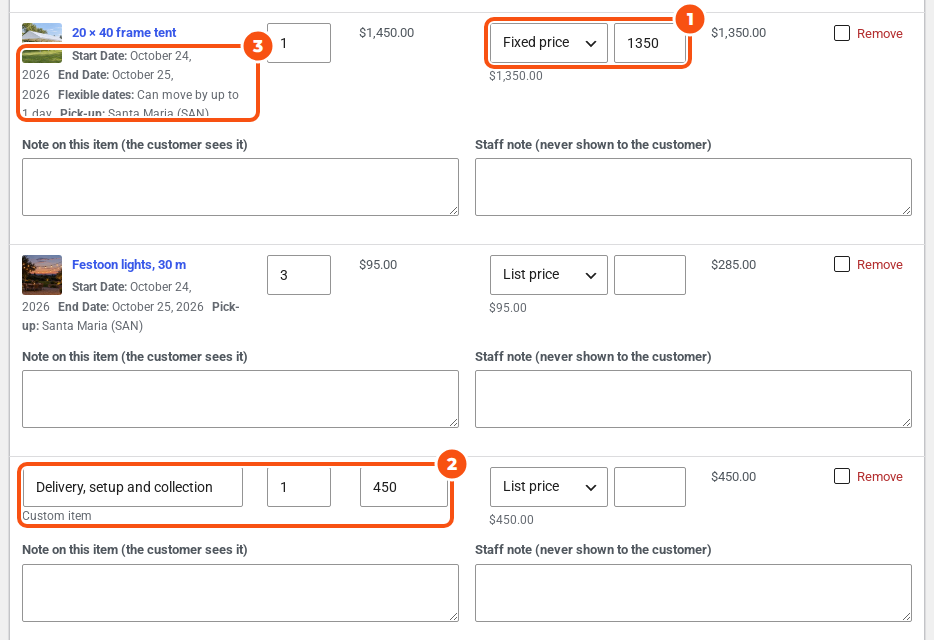 Rental items in the quote editor: a 20 by 40 frame tent at a fixed price of 1350 with its dates and flexible dates, festoon lights at list price, and a custom item Delivery, setup and collection at 450