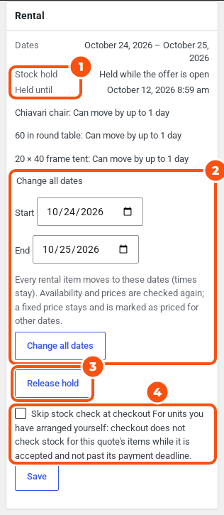 The Rental panel of a sent quote: dates 24 to 25 October 2026, Stock hold Held while the offer is open, held until 12 October, flexible dates per item, the Change all dates fields and button, Release hold, and the Skip stock check at checkout option with Save